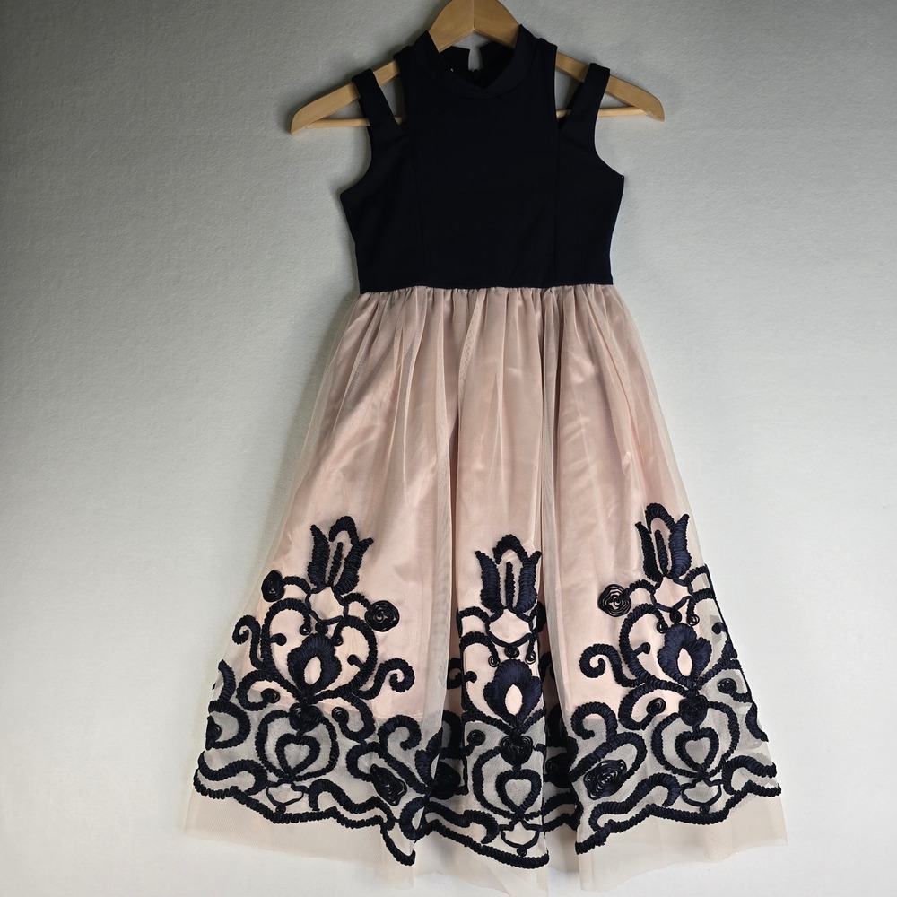 Bonnie Jean Girls Size 8 Navy Blue Pink Embroidered Tulle Party Dress B48418-DV